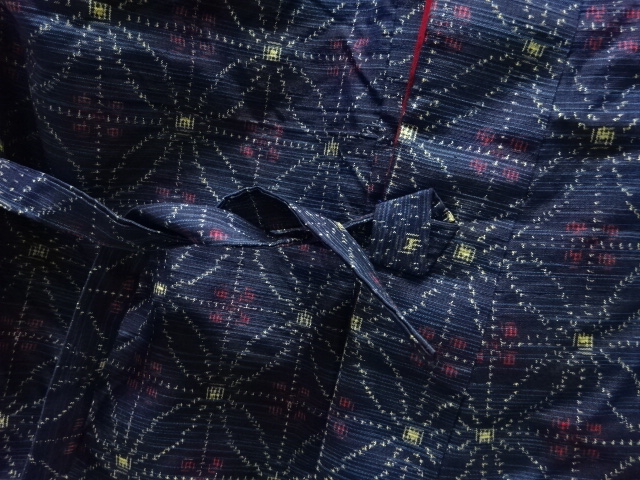  アンティーク　花七宝模様織り出し手織り紬二部式道中着